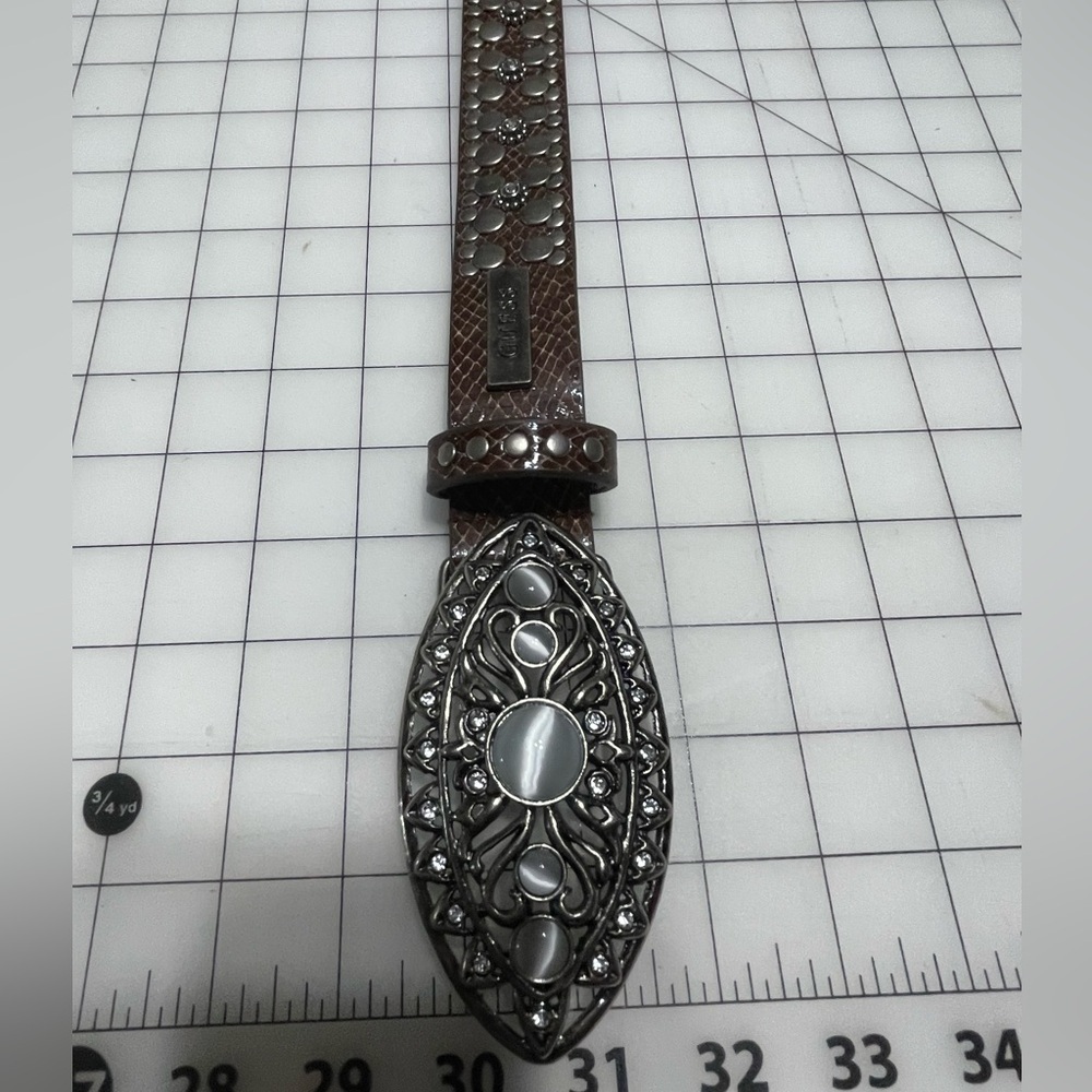 LEATHER BELT WITH METAL AND RHINESTONE DETAILING WESTERN BELT SIZE